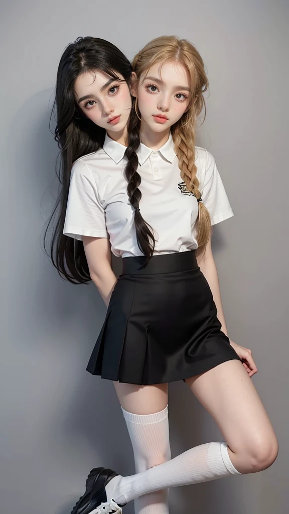 best resolution, 2 heads, Australian model girl two heads, 19 years old, youthful, wearing a white shirt and black skirt posing for a picture, teenage female , wearing skirt and high socks, wearing , , white shirt and grey skirt, cute , wearing a , of a posing, girl wearing uniform, knee high socks, school girl, dressed magical school student uniform, braided hair, blonde hair, red hair, black hair, different hair colors, full body shot