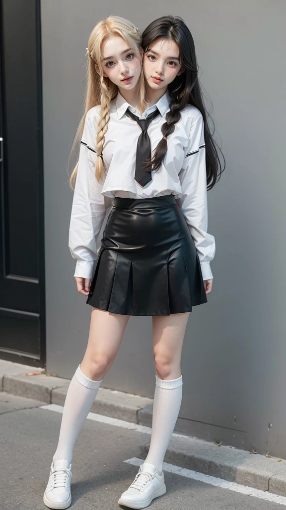 Cute Korean girl wearing a short black skirt with black stockings, and wearing a white shirt