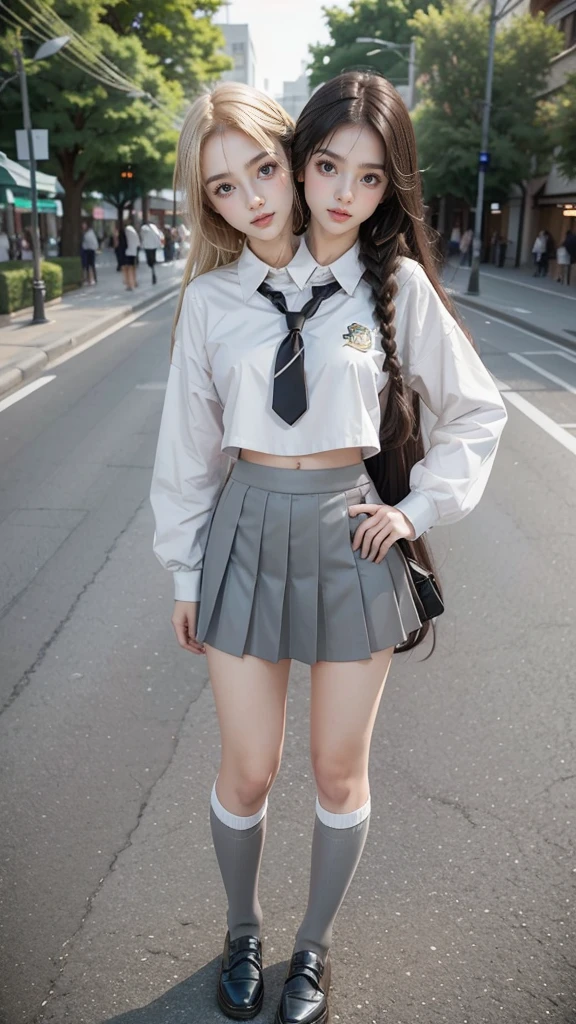 best resolution, 2 heads, Australian model girl two heads, 19 years old, youthful, wearing a white shirt and black skirt posing for a picture, teenage female , wearing skirt and high socks, wearing , , white shirt and grey skirt, cute , wearing a , of a posing, girl wearing uniform, knee high socks, school girl, dressed magical school student uniform, braided hair, blonde hair, red hair, black hair, different hair colors, full body shot