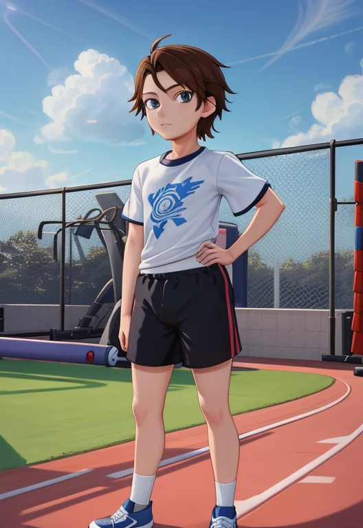 Masterpiece, high resolution, high quality, intricate details, full body portrait, front view, 1boy, solo, boy, teenage male, short brown hair, blue eyes, looking at viewer, worried and uneasy expression, ((Wearing: White Gym T-shirt, Black Gym shorts, and blue sneakers)), standing, hands on hips, looking at viewer, (Background: outdoors, middle schoo, blue sky, clouds in the sky), (acclaimed, alluring, captivating, exciting, gorgeous, striking:1.3), (trending on CGSociety, trending on pixiv, contest winner:1.3)