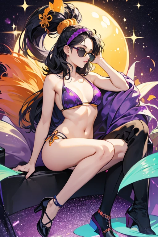 She is a light orange  with dark orange fins. She has black hair in a beehive shape with a purple headband. She wears dark mint sunglasses with mint lenses, a purple bikini, and black shoes. SPARKLE; GLITTER