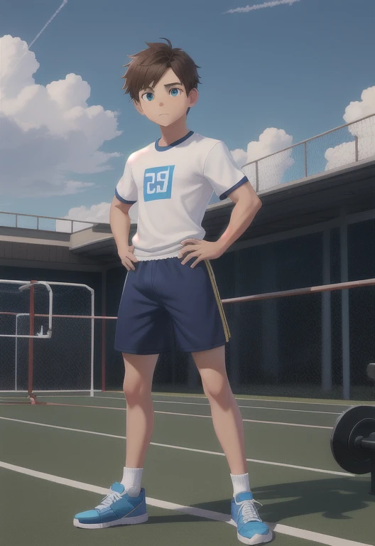 Masterpiece, high resolution, high quality, intricate details, full body portrait, front view, 1boy, solo, ************ boy, teenage male, short brown hair, blue eyes, looking at viewer, worried and uneasy expression, ((Wearing: White Gym T-shirt, Black Gym shorts, and blue sneakers)), standing, hands on hips, looking at viewer, (Background: outdoors, middle school track field, blue sky, clouds in the sky), (acclaimed, alluring, captivating, exciting, gorgeous, striking:1.3), (trending on CGSociety, trending on pixiv, contest winner:1.3)
