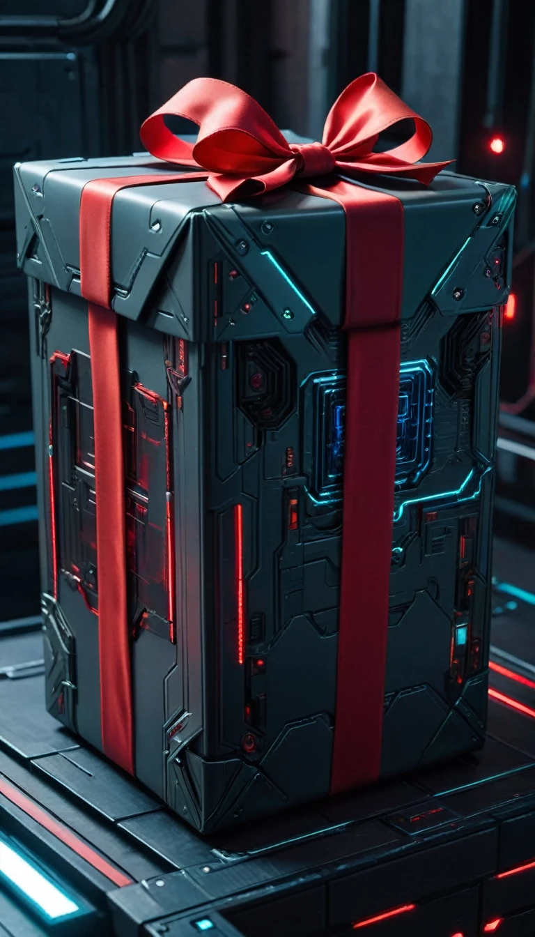 A Christmas gift is decorated with a red bow,Cyberpunk style