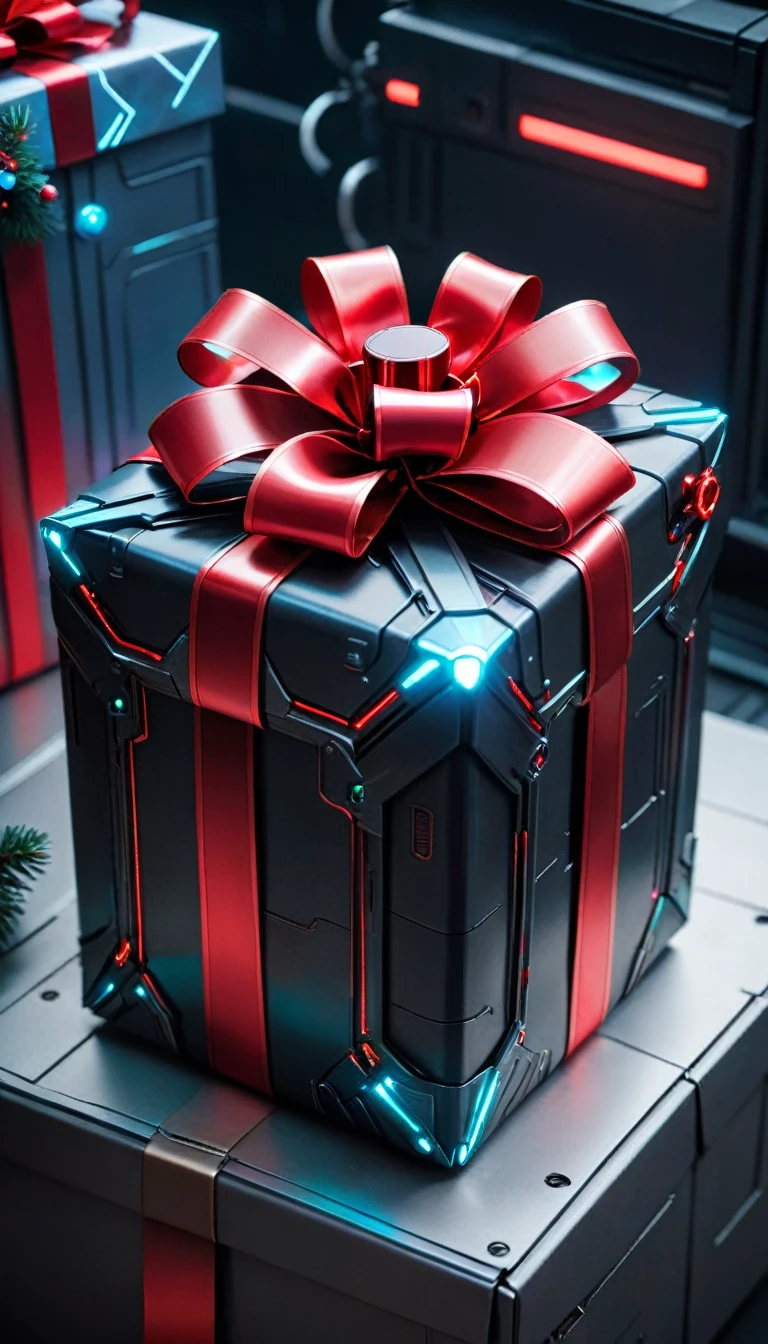 A Christmas gift is decorated with a red bow,Cyberpunk style