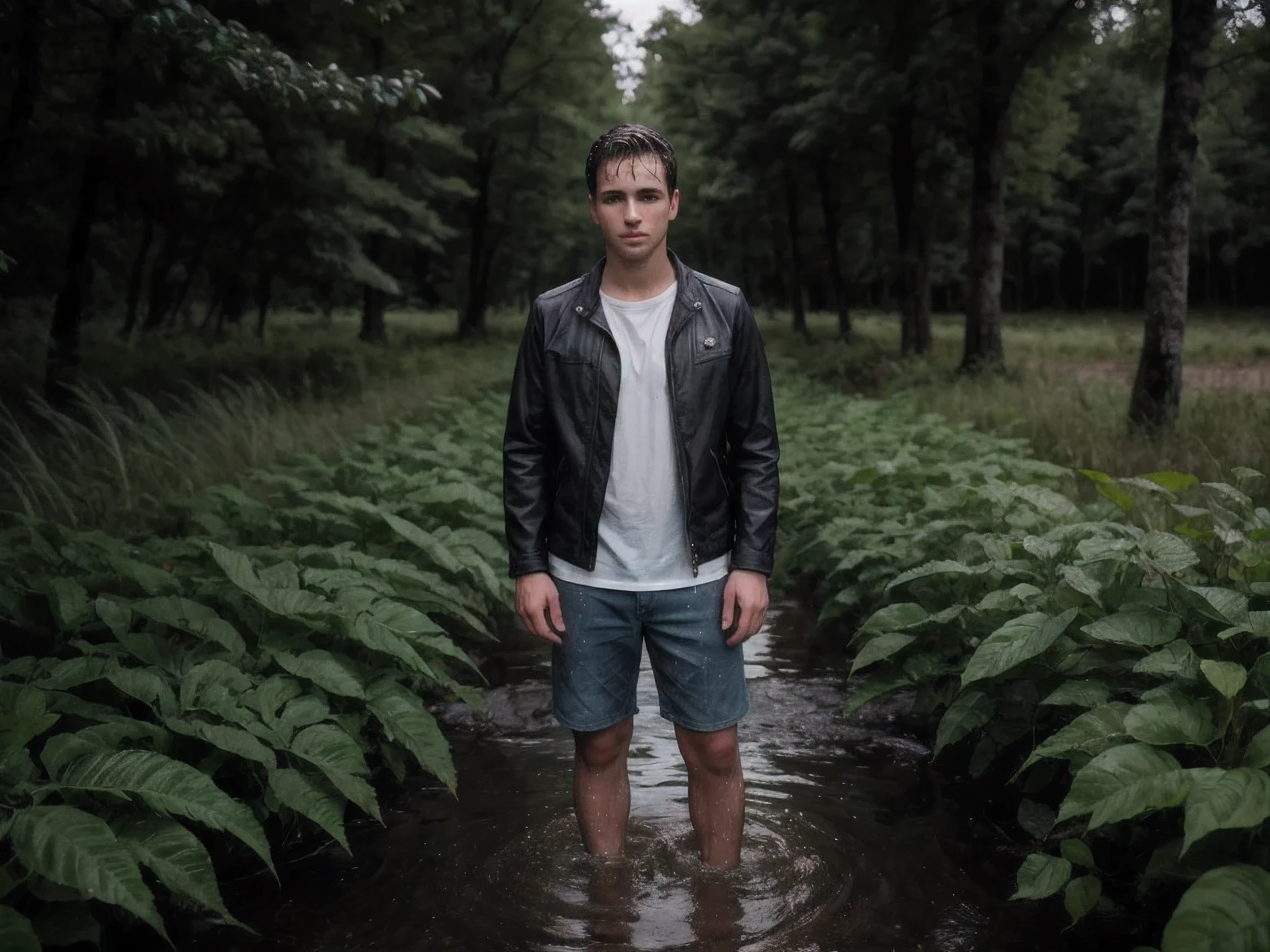 8k uhd, dslr, high quality , RAW photo, Amateur Photography posted to facebook ,Fujifilm XT3, Canon R5, Handsome Men, forest,rainny,night,wet