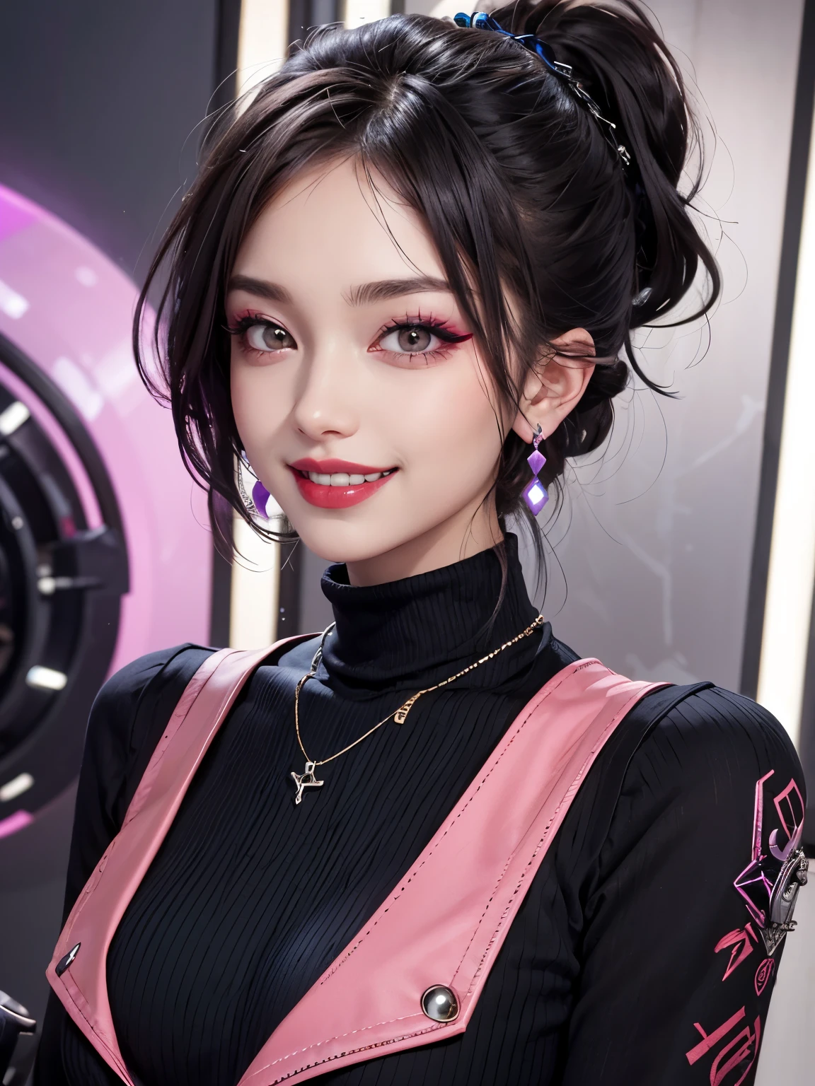 1girl, Holo-Punk Style, earrings, eyelashes, indoors, jewelry, lips, makeup, necklace, goth, evil, grin, turtleneck, breasts