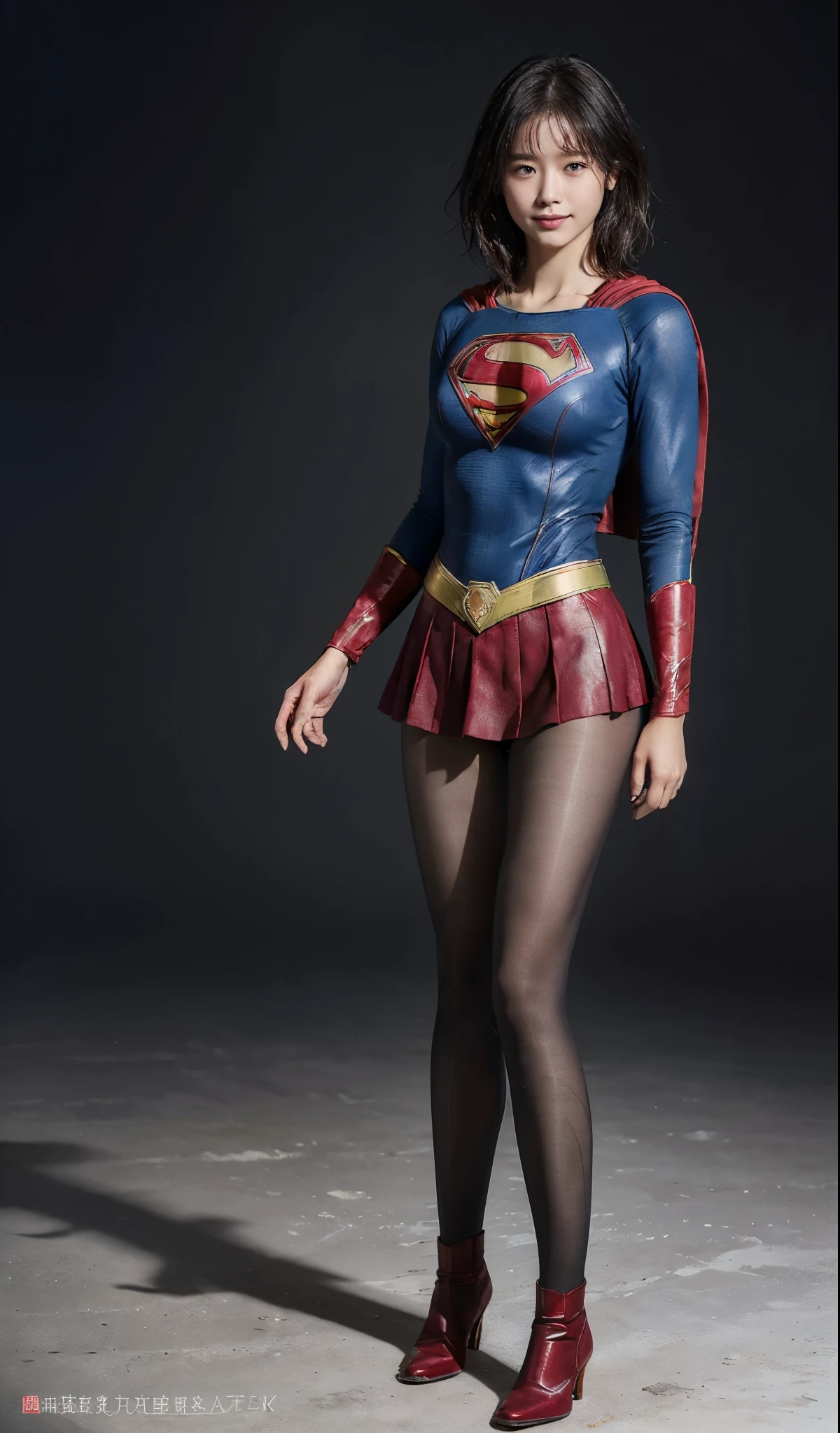 No background、(((Beautiful legs in black tights.)))、(((Legally express the beauty of your smile)))、((((Make the most of your original images)))、(((Supergirl Costume)))、(((beautiful short bob hair)))、(((suffering)))、(((Please wear black tights....、Wear red boots)))、((Best image quality、8K))、((highest quality、8K、masterpiece:1.3))、(((keep background )))、Sharp focus:1.2、Beautiful woman with perfect figure:1.4、Thin abdominal muscles:1.2、Wet body:1.5、Highly detailed face and skin texture、8K