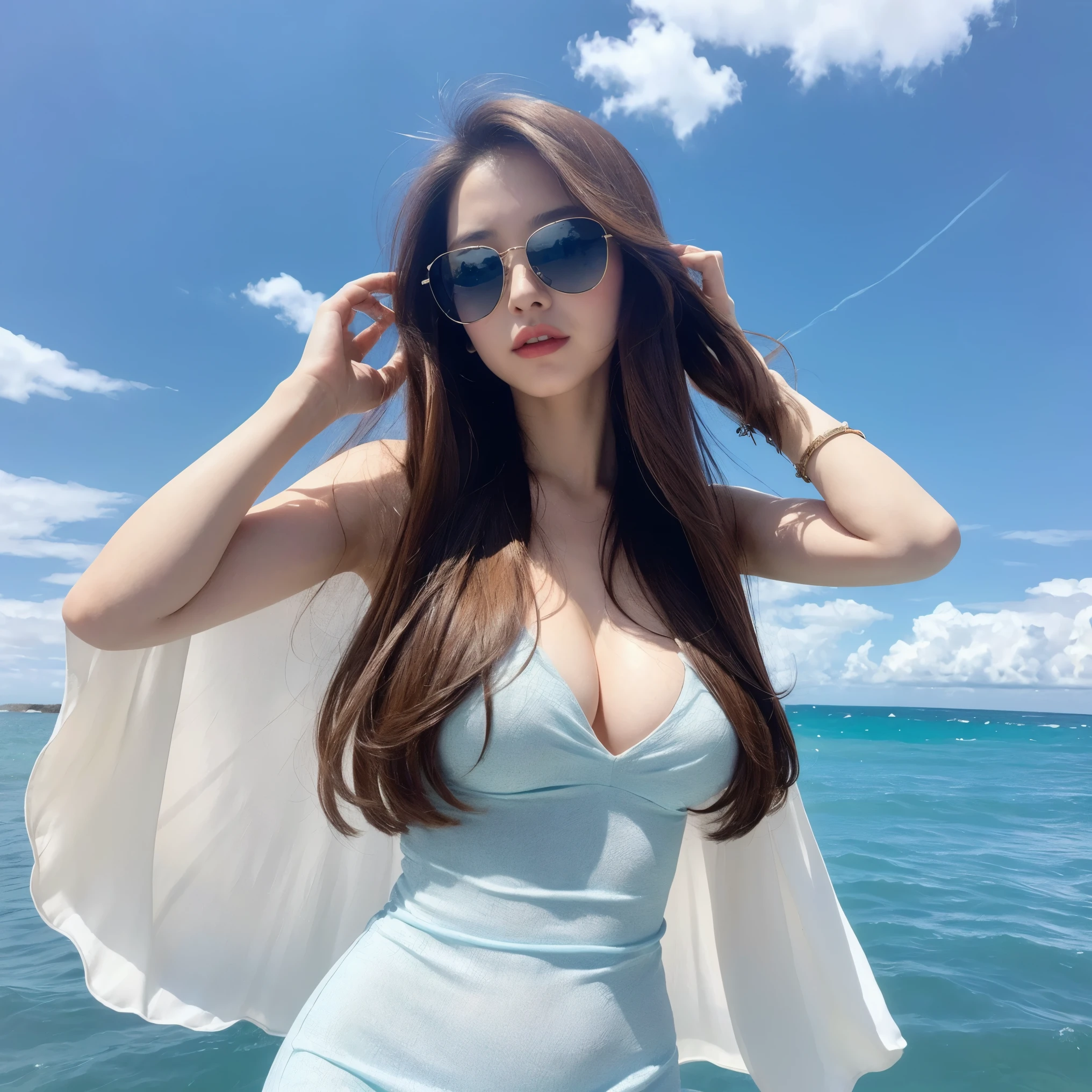 (Daytime, wonderful, 8k, masterpiece:1.3)), whole body, Long legs, focal distance: 1.2, Perfect body beauty: 1.4, Slim Abs: 1.1, ((Dark brown hair, Big Breasts: 1.2 )), (white long dress, Are standing: 1.2), ((Ocean, Blue sky and white clouds: 1.3)), Highly detailed face and skin texture, Fine grain, double eyelid, long hair flying, Wearing sunglasses