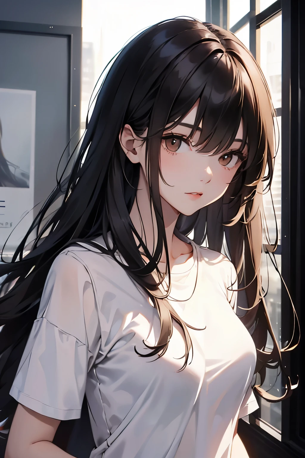 best quality, highres,Slender、Brown eyes、tall、Black Hair、(Long Hair:1.3),Straight Hair、7 life size、、white short sleeve t-shirt