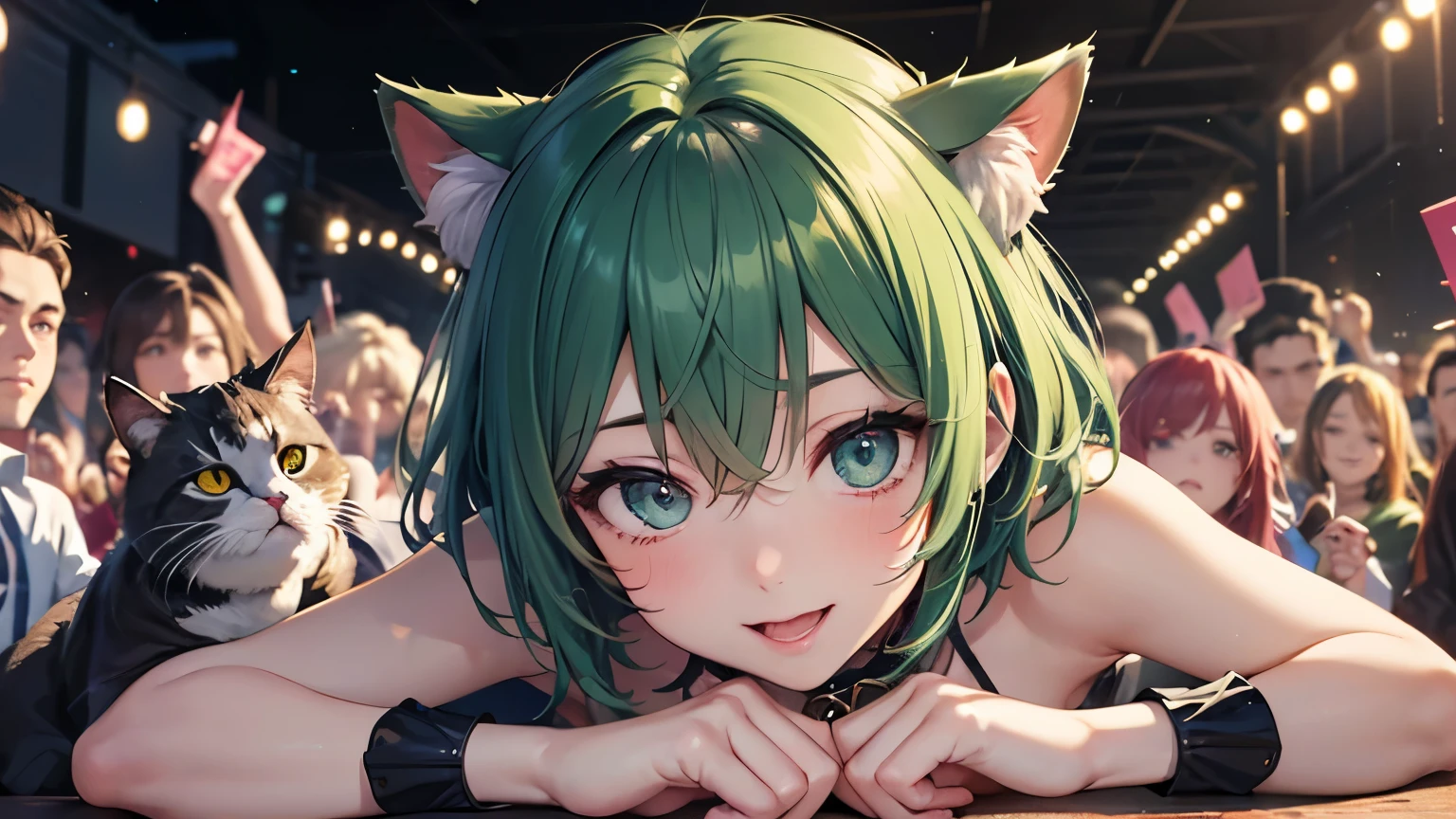 highest quality,wonderful,masterpiece,delicate,ultra high resolution,Super detailed,intricate details,beautiful,8K resolution,(Highly detailed CG Unity 8K wallpaper),sharp focus、anime、fiction、one woman、dark green hair、Dark green hair、short hair、Short Hair、Cat ear、Green Eyes、Vibrant Hair、Shaggy hair、Messy Hair、Vibrant Skin、Glowing Skin、 、Lolita、small、、、Short、Young、Beautiful Eyes、Glitter eyes、Shining eyes、happiness、Pleasure、smile、highest quality、very detailed、very realistic face、very realistic eyes、highest quality、very detailed、aperture body、Be beaten、beautiful feet、Outdoor、waterfall、spring、nature、Big Breasts、Close-up of face、From the chest up