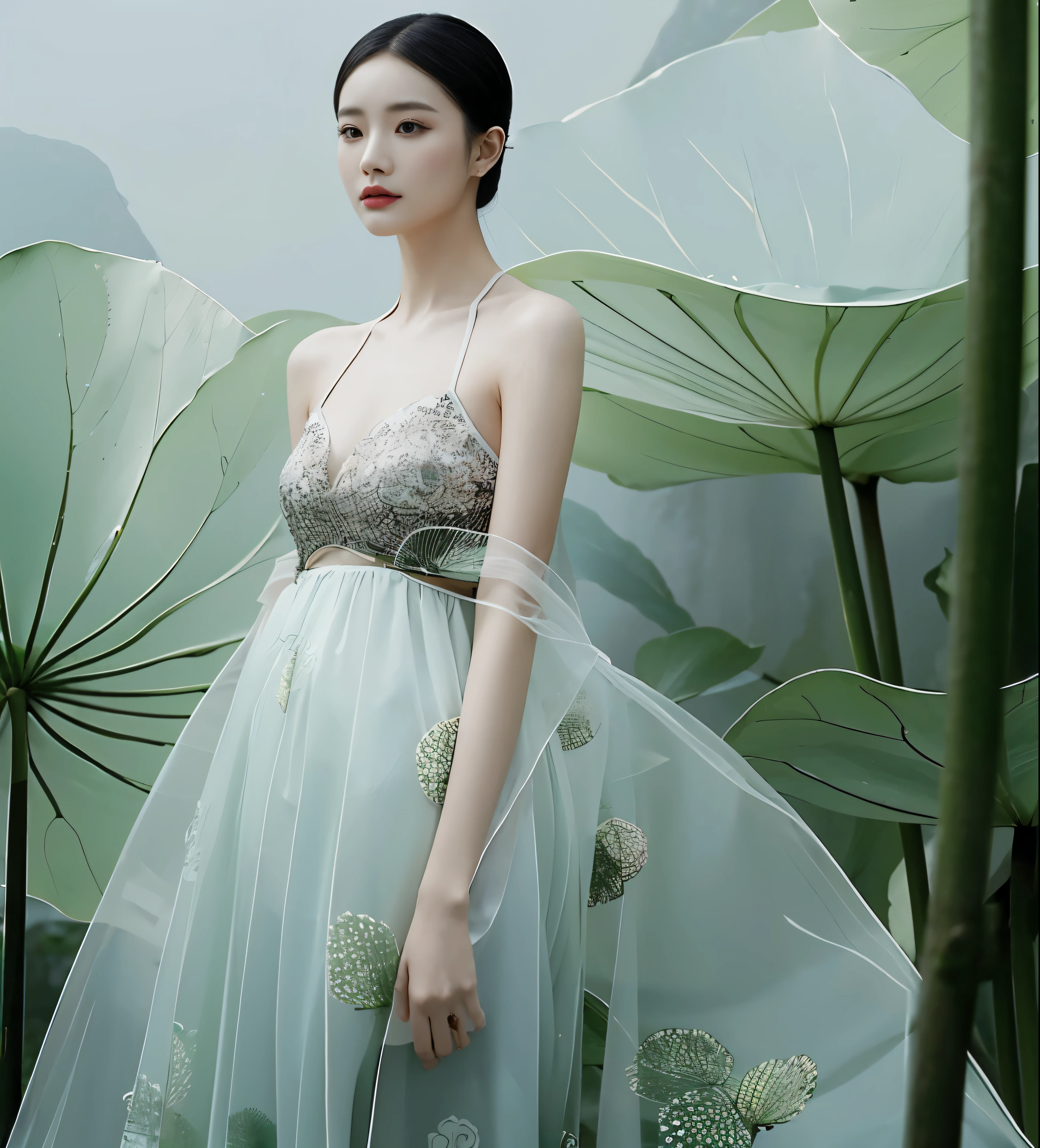 A woman in a skirt stands in front of a plant, Inspired by Dai Xi, Inspired by Zhang Daqian, inspired by Gao Qipei, inspired by Gao Xiang, Inspired by Tang Yifen, ao dai, Inspired by Wenjia, Lambs Style, Inspired by Fei Danxu, ethereal beauty, Inspired by Liu Haisu