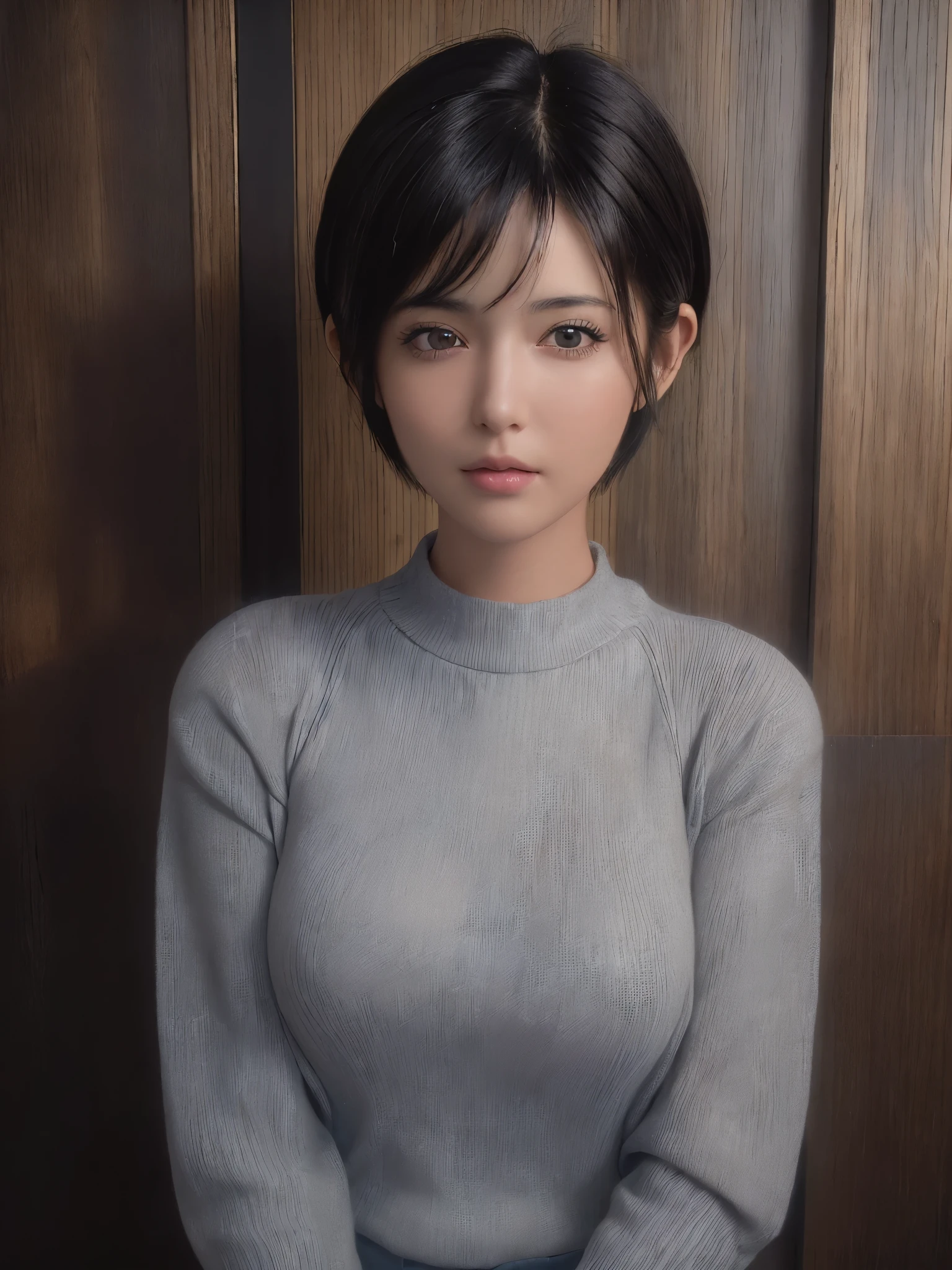 (masterpiece:1.3), (8K, Realistic, RAW Photos, Highest quality: 1.4), (One girl), Beautiful Face, (Realistic Face), (Black Hair, short hair:1.3), Beautiful hairstyle, Realistic eyes, Beautiful attention to detail, (Realistic Skin), Beautiful Skin, (sweater), Absurd, Charm, Ultra-high resolution, Ultra-realistic, Very detailed, Golden Ratio,(Huge boobs: 1.2),