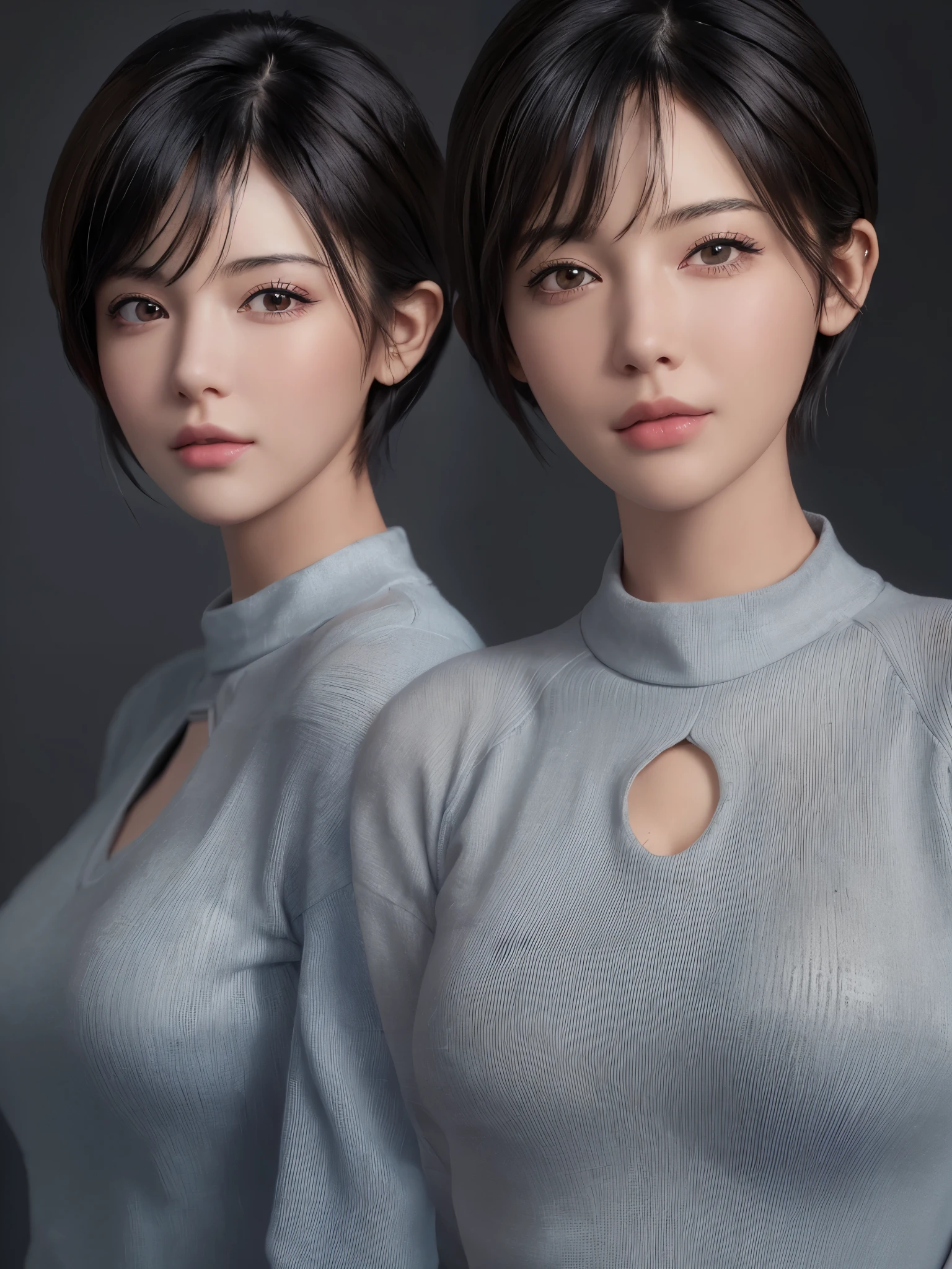 (masterpiece:1.3), (8k, Realistic, RAW Photos, highest quality: 1.4), (One girl), Beautiful Face, (Realistic Face), (Black Hair, short hair:1.3), Beautiful hairstyle, Realistic eyes, Beautiful fine details, (Realistic Skin), Beautiful Skin, (sweater), Absurd, Charm, Ultra-high resolution, Ultra-realistic, Very detailed, Golden ratio pixie cut. Beauty