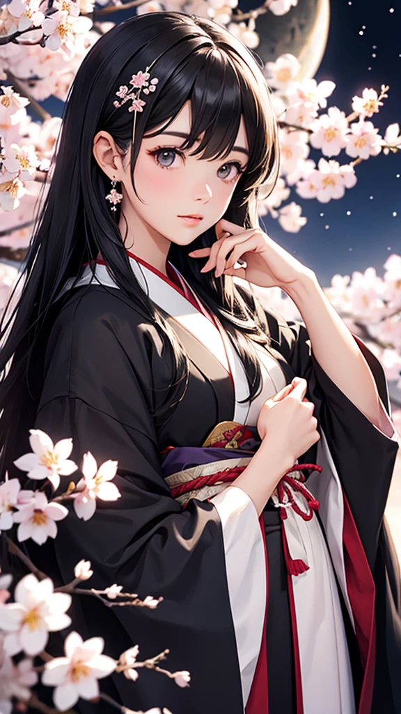 highest quality、Realistic、Night Sky、Crescent Moon、moonlight、cherry blossoms、cherry blossoms吹雪、Adult Woman、Japanese Zoom、look up、cute、Gray Eyes、Black Hair、long hair、cherry blossoms柄の白い着物、Japanese clothing、Face close-up、slender