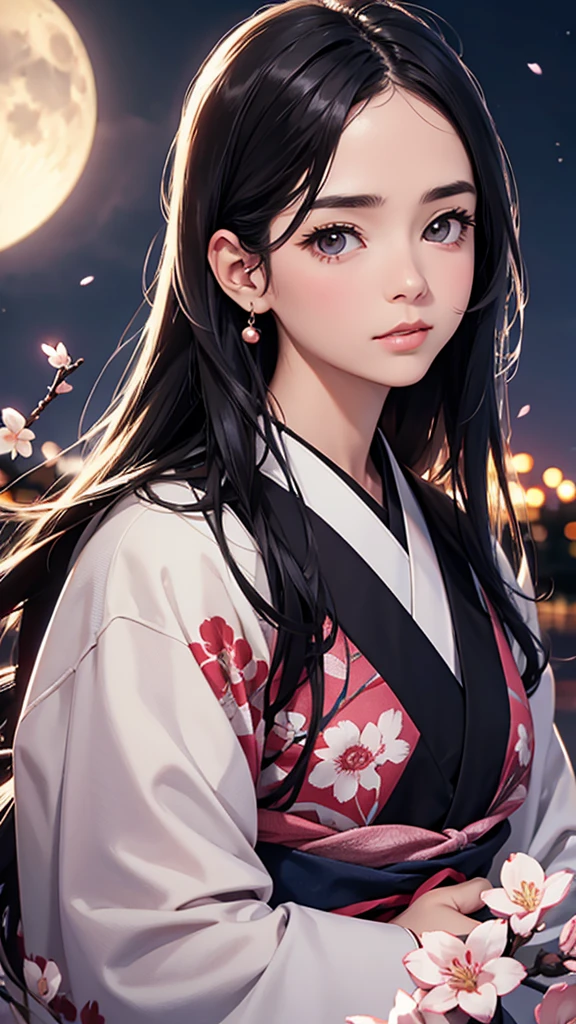 highest quality、Realistic、Night Sky、Crescent Moon、moonlight、cherry blossoms、cherry blossoms吹雪、Adult Woman、Japanese Zoom、look up、cute、Gray Eyes、Black Hair、long hair、cherry blossoms柄の白い着物、Japanese clothing、Face close-up、slender