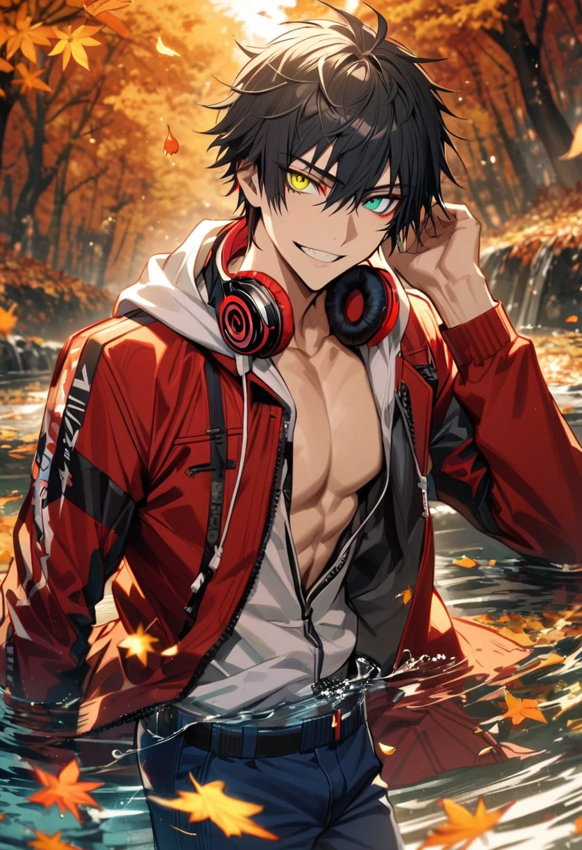 Ultra detailed, Highres, absurdres, Yamada Ichiro, black hair, heterochromia, right green eye, left red eye, red jacket, white hoodie, Hypnosis Mic, red headphones around his neck, autumn, petals, orange and yellow leaves, water, handsome, grin, sexy man, toned chest, solo, very detailed eyes and face, blue pants,