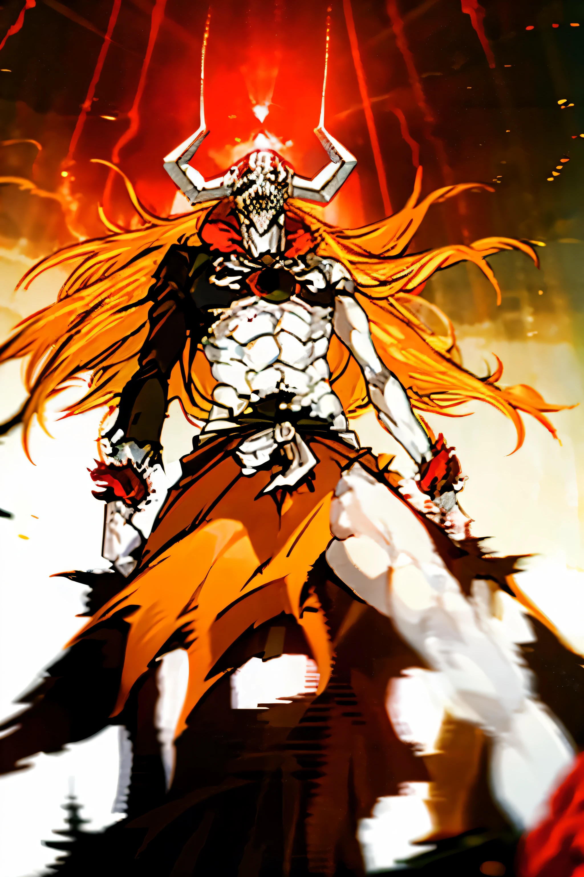 Ichigo Vasto Lorde, monstrous, long orange hair, standing upright staring towards the camera, radiating demonic power, monstrous, destructive, radiating a cool anger