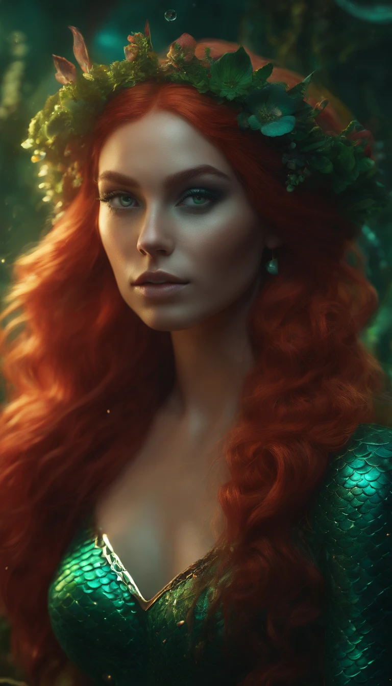 a full body photo shot of a gorgeous cute (Mermaid) elf with with red hair, detailed green eyes, neon colors that blend in with calavera make up, refined, noisy, dark, moody, concept art, by Alberto Seveso, Cyril Rolando, Dan Mumford, Meaningful Visual Art, Detailed Painting, Digital Illustration, Unreal Engine 5, 32k maximalist, hyperdetailed fantasy art, 3d digital art, sharp focus, masterpiece, fine art, underwater enchanting scenery