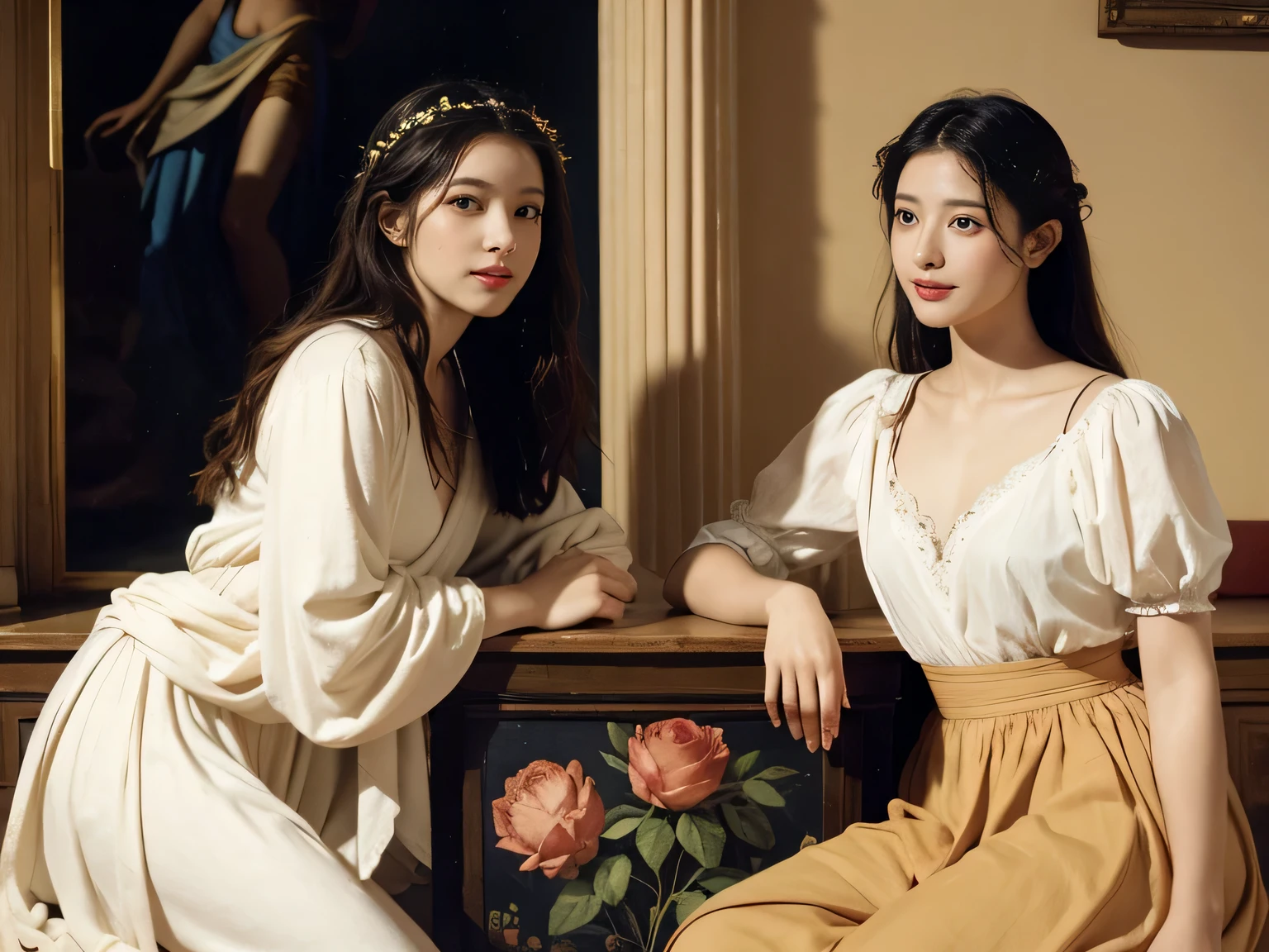 Giorgione painting style,Arguments of two female Philosophe,math、astronomical machine、astronaut、roses in vase、fruits、Cute trinkets、smile、ancient greek costume、Ancient Roman landscape in the style of Nicolas Poussin,laughter,,Sweet and seductive appearance.、Caravaggio's paintings、Chiaroscuro of Caravaggio、hair tousled by the wind,Two women frolicking,cute smile, expression of ecstasy,Sexy,erotic