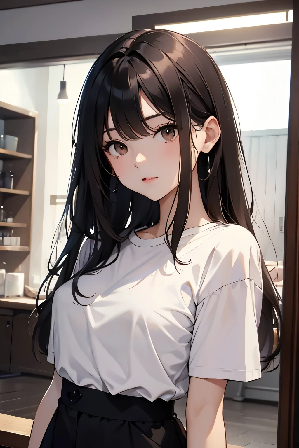 best quality, highres,Slender、Brown eyes、tall、Black Hair、(Long Hair:1.3),Straight Hair、7 life size、、white short sleeve t-shirt