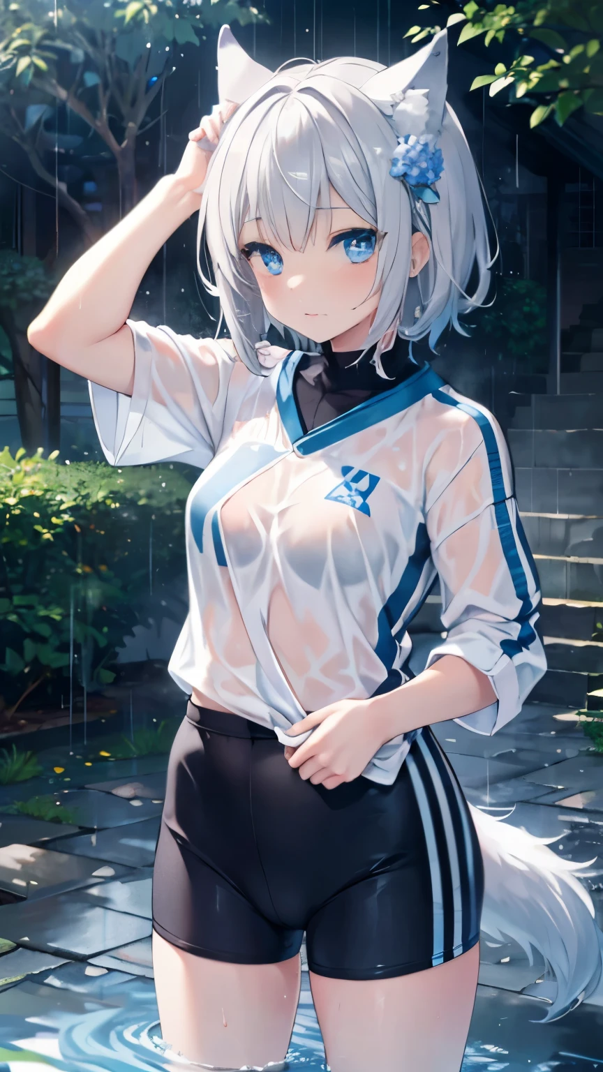 ,girl,Best image quality,,Grey Hair,,Blue Eyes,Wolf ears,White skin,Wolf Tail,Short Hair,Straight Hair,Half Eye,hydrangea,rain,rainを浴びる,Wet with water,Hands on head,Sportswear,tits,,,small,