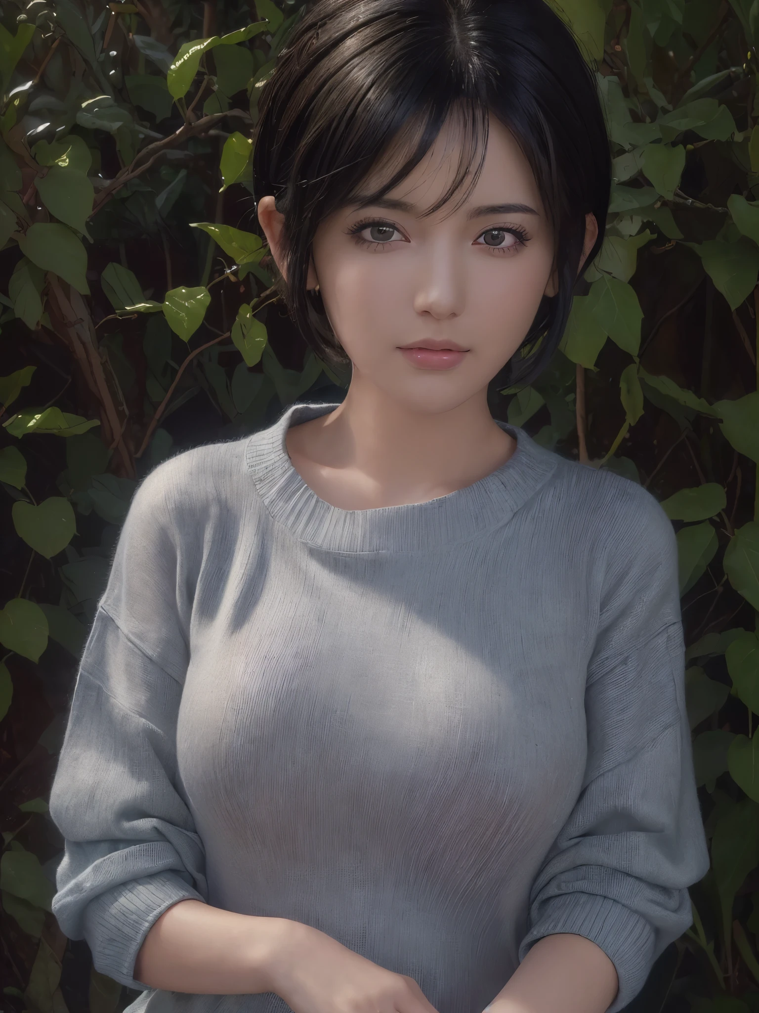 (masterpiece:1.3), (8k, photorealistic, RAW photo, best quality: 1.4), (1girl), beautiful face, (realistic face), (black hair, short hair:1.3), beautiful hairstyle, realistic eyes, beautiful detailed eyes, (realistic skin), beautiful skin, (sweater), absurdres, attractive, ultra high res, ultra realistic, highly detailed, golden ratio