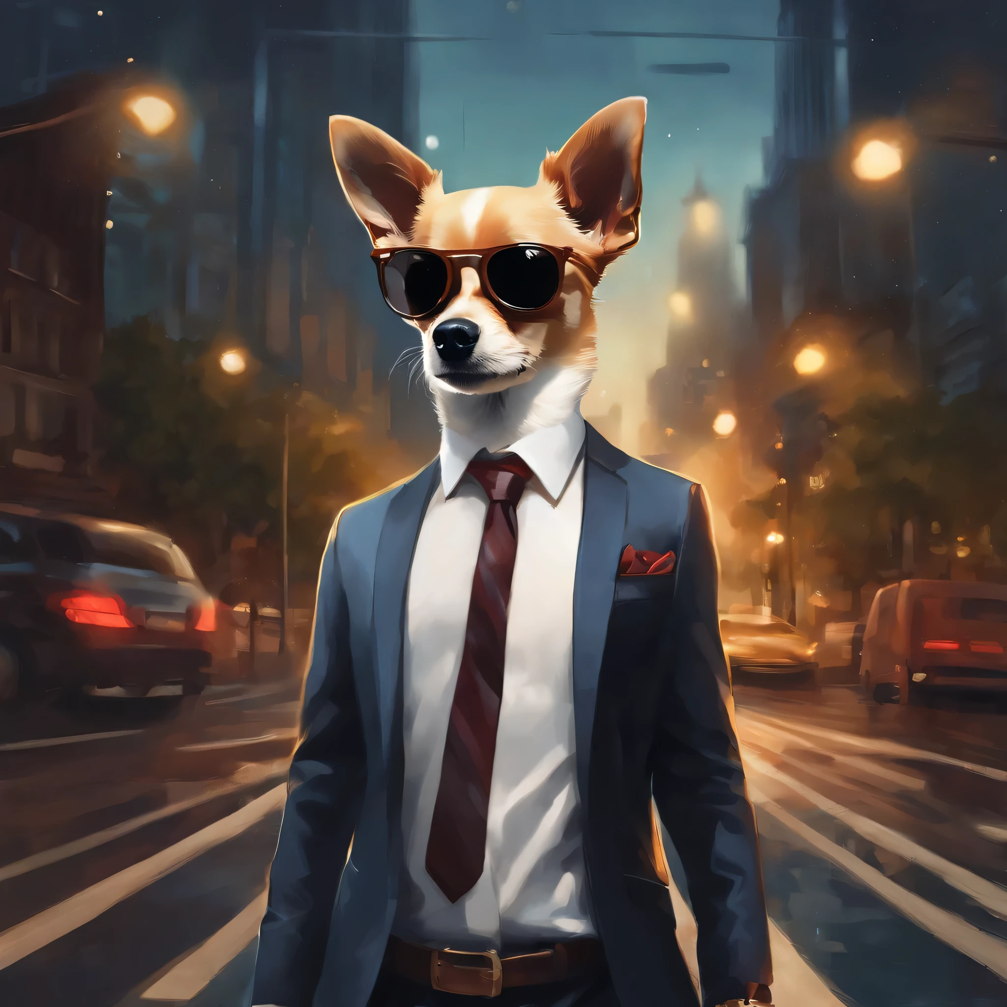 perfect centering placement, Cute Chihuahuas everywhere, wear a suit, Wear sunglasses, Wearing headphones, Standing position, Abstract Beauty, Centered, Looking at the camera, To the camera, Approaching perfection, dynamic, Moonlight, High Detail, Digital Painting, art station, concept art, Smooth, Sharp focus, 10, High resolution, figure, art：Carne Griffith、Vadim Kashin, White Background