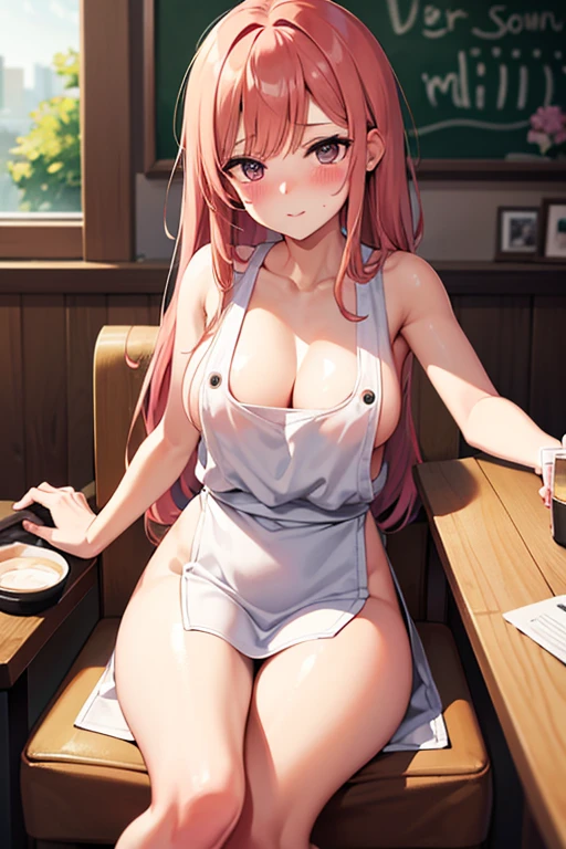 A girl sitting alone in a café, uta from one piece, with white and red hair, (nude:1.3), (white apron), medium-sized breasts, revealing neckline, thighs, coffee shop background, (blush:1.3).