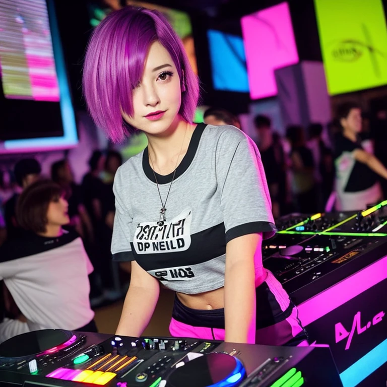 cute woman,short bob hair,Magenta highlighted hair color,Chest 45 inches,small t-shirt,brown tight shorts,Be a DJ,playing dj player,among people,Light color,Extremely innovative,Highly detailed