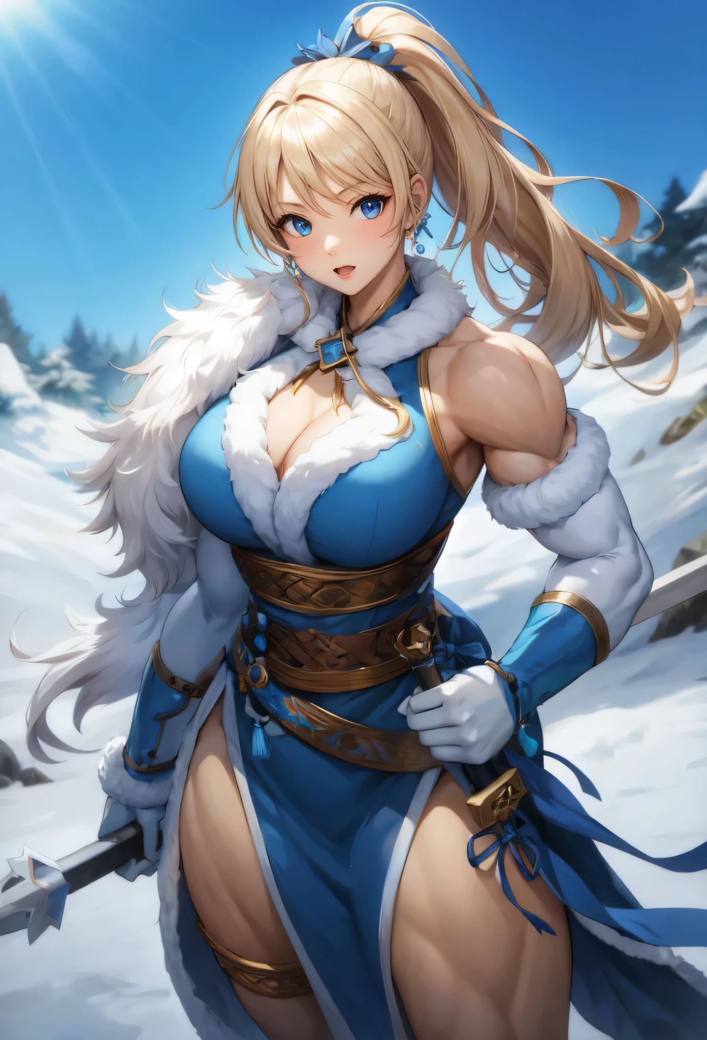 ,girl,beautiful face, muscular female, alternate muscle size,blonde hair,blue hanfu,muscular thighs,winter,muscular ,biceps,fur,white elbow gloves,silver armor