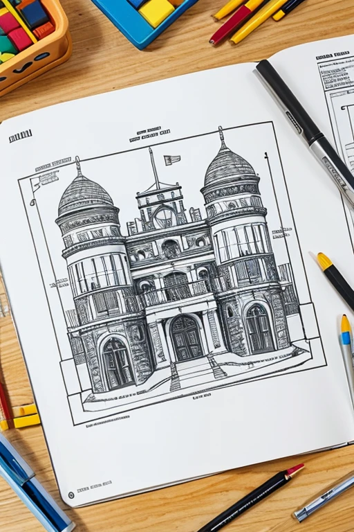 cover page for a child's engineering and design activity book, cartoony, design equipment pencils, drawings, rulers