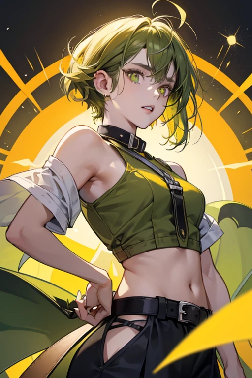 Single boy, Anime Femboy, Short, short blonde hair, green eyes, wearing hotpants, thigh high fishnets, crop top, flat chest, super flat chest, solo femboy, only one femboy ((FLAT CHEST)) solo, alone, (SOLO)(ALONE) thicc thighs, wide hips, perfect eyes, perfect face, pouty lips, happy, curvy, sparkly green eyes, close up
