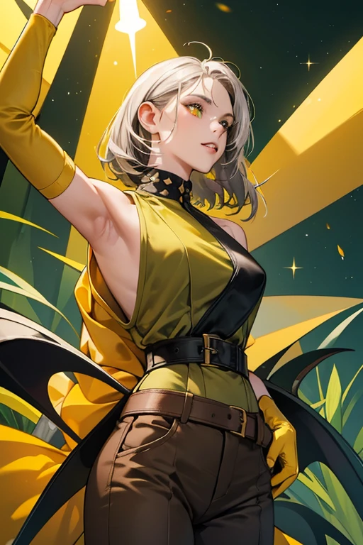 dark yellow with fins for arms that have mustard yellow tips, a spiky mustard yellow and olive green colored dorsal fin, olive green lips with sharp teeth, a lure with an olive green stalk that has a dark yellow bulb with a reddish-orange arm-like antenna on top of it, large olive green and mustard yellow eyes with white pupils, and violet square and triangle shaped spots on where her nose would be. She wears brown pants with a black belt with a silver buckle. SPARKLE; GLITTER