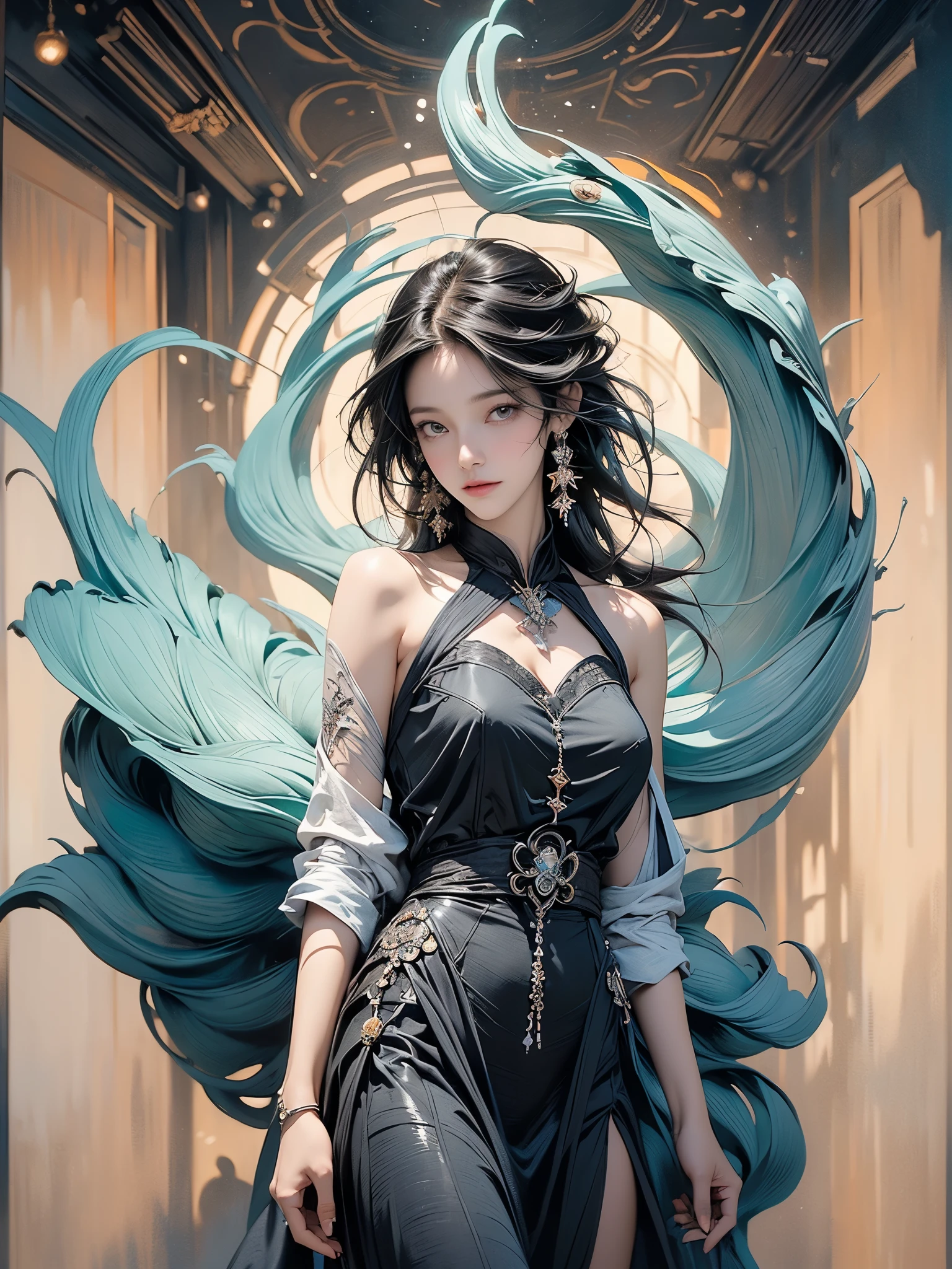 uma mulher com longos cabelos loiros segurando atendendo um telefone celular, (((caminhando com passos largos em uma rua, cheia de pose, vestido longo preto com decote, cabelos em movimento))), inspirado em Magali Villeneuve, retrato de arte de fantasia, retrato de fantasia art, detailed matte retrato de fantasia, Alice X. zhang, retrato de fantasia, epic retrato de arte de fantasia, beautiful retrato de arte de fantasia, Magali Villeneuve', graphic artist Magali Villeneuve, fantasy genre portrait, epic fantasy digital art style