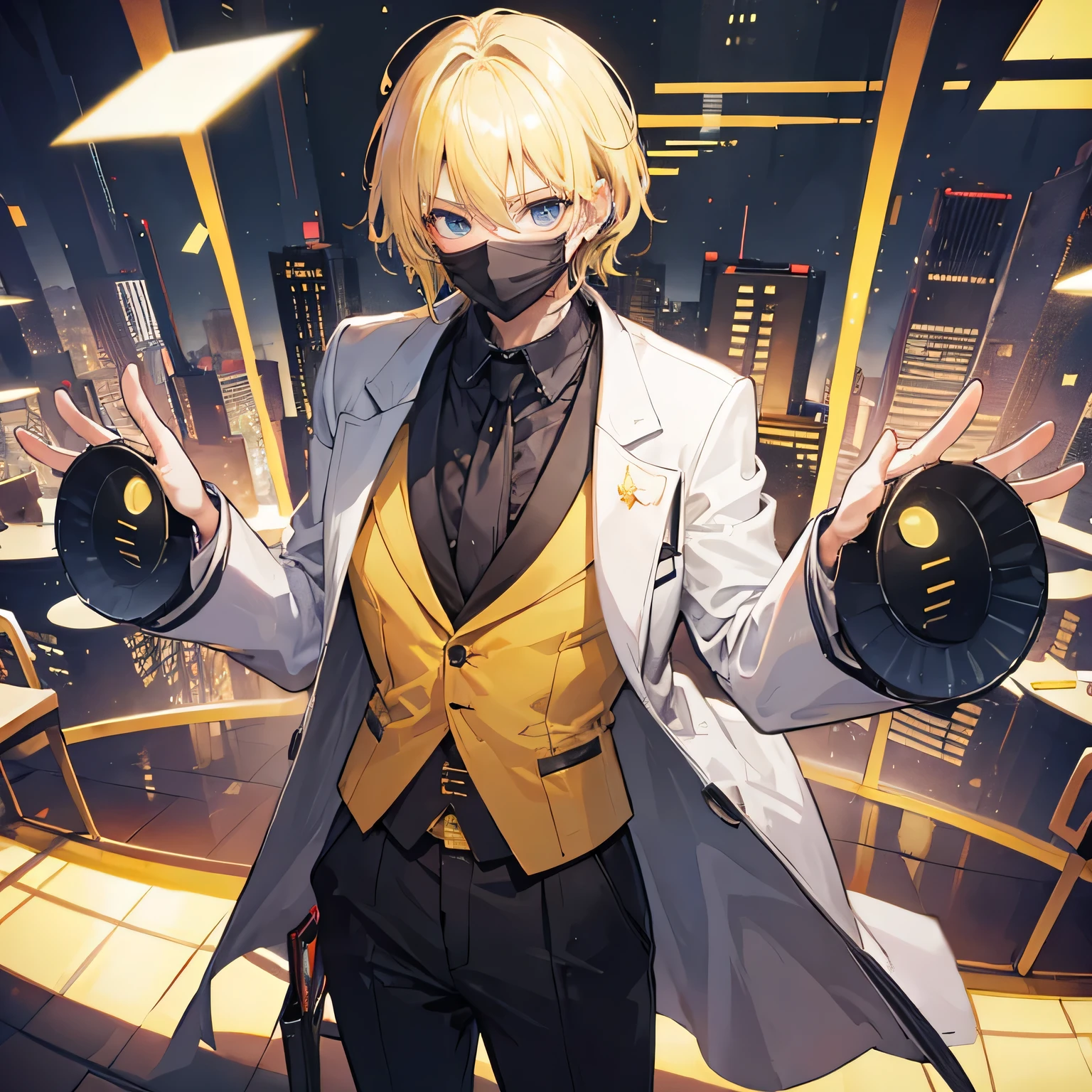 Man, jacket suit, with mask, blonde hair, in land of light