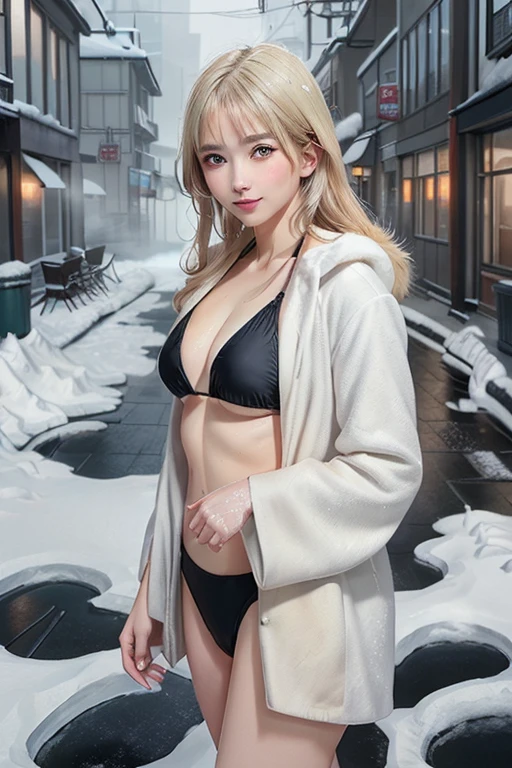 professional portrait photograph of a gorgeous Norwegian girl in winter clothing with bikini blonde hair, sultry flirty look, gorgeous symmetrical face, cute natural makeup, wearing bikini, ((standing outside in snowy city street)), stunning modern urban environment, ultra realistic, concept art, elegant, highly detailed, intricate, sharp focus, depth of field, f/1. 8, 85mm, medium shot, mid shot, (((professionally color graded))), bright soft diffused light, (volumetric fog), trending on instagram, hdr 4k, 8k