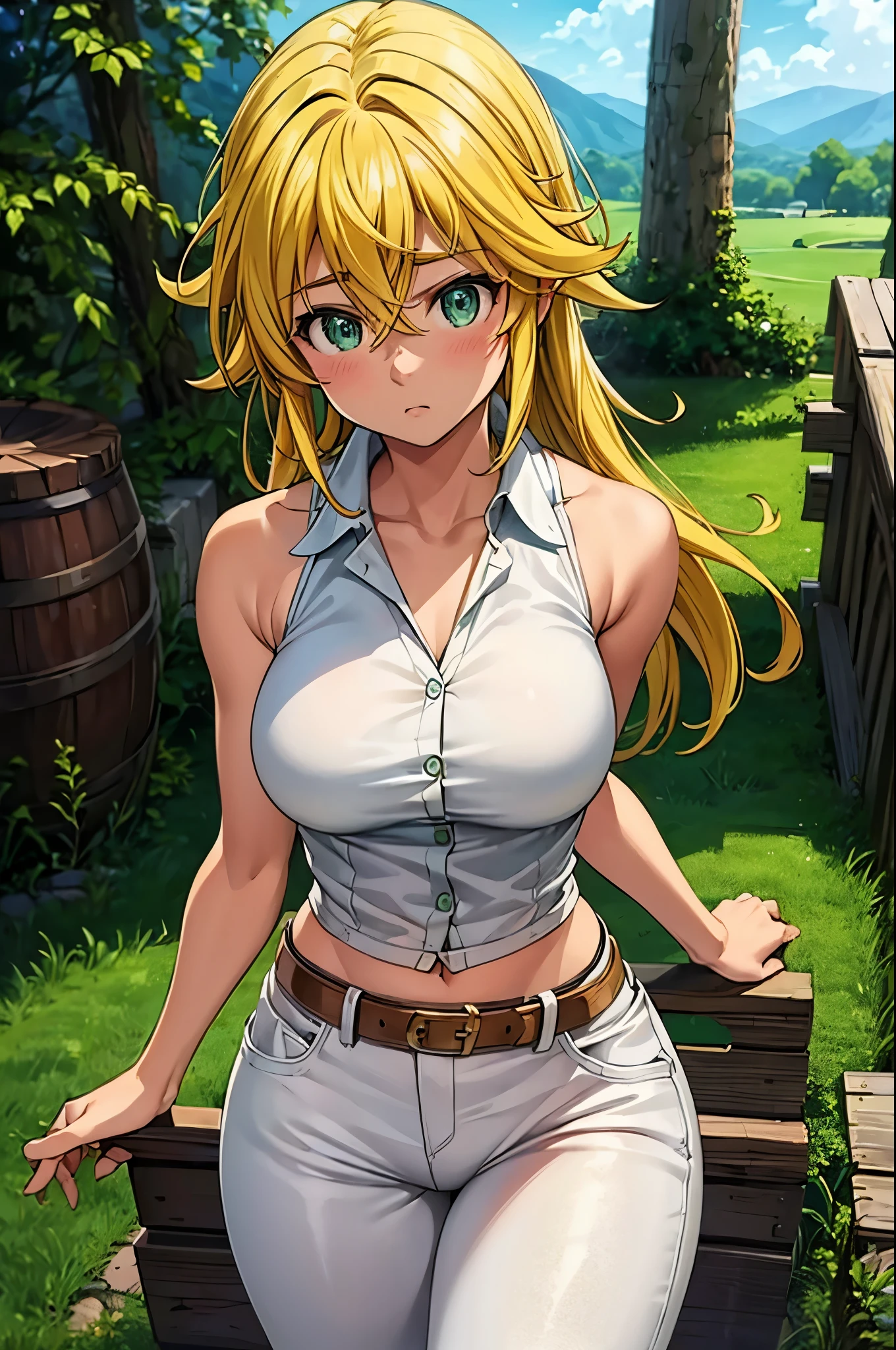 (masterpiece, best quality:1.2), expressive eyes, perfect face, highres, 1girl, solo, (female:1.5), meliodas_nanatsu_no_taizai, blonde hair, long hair, green eyes, white shirt, sleeveless vest, white pants, blushing, worried face, standing, cowboy shot, looking at the viewer