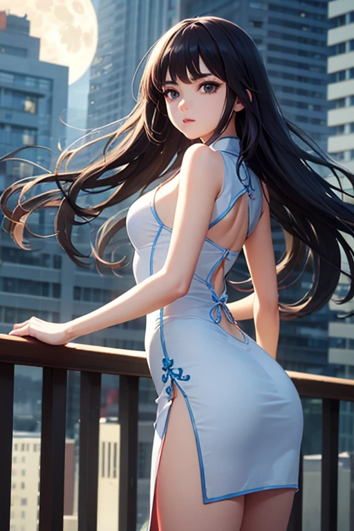 Young thin girl,Drooling hair,dark brown hair,Urban street background,full bodyesbian,long leges,Beautiful body structure covered,Super detailed drawing, Impressively realistic photos,Translucent clothes,(Casual hairstyle,:1.2), stunning elegant pose, see through clothes,Translucent maxi dress,Background bokeh,Goddess-like existence,Transparent skin,White top,short denim skirt
