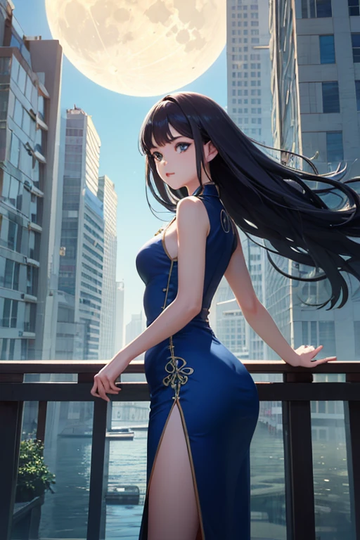 Front view，8k,best quality，8k,Tyndall effect,Very detailed,best quality,Best masterpiece,maximum rendering,Ultra HD,Movie lighting effects,Exquisite facial expressions,and there's a feeling of light,fantastic style,close up,Long distance，A beauty，single,Facing the audience,Swaying figure，Beautiful curves，tender as water，Chinese style high waist slit cheongsam beauty，Wearing blue and white porcelain cheongsam，like a shining pearl，Long legs，Show your thighs，hip line，Elegant yet noble，Blue eyes sparkle，Super long blue hair，Back to Sandalwood Terrace，Standing on the balcony of a high-rise building, Looking at the bright moon，（Two arms，Five fingers，Two Legs），Animation style，Animation movie stills