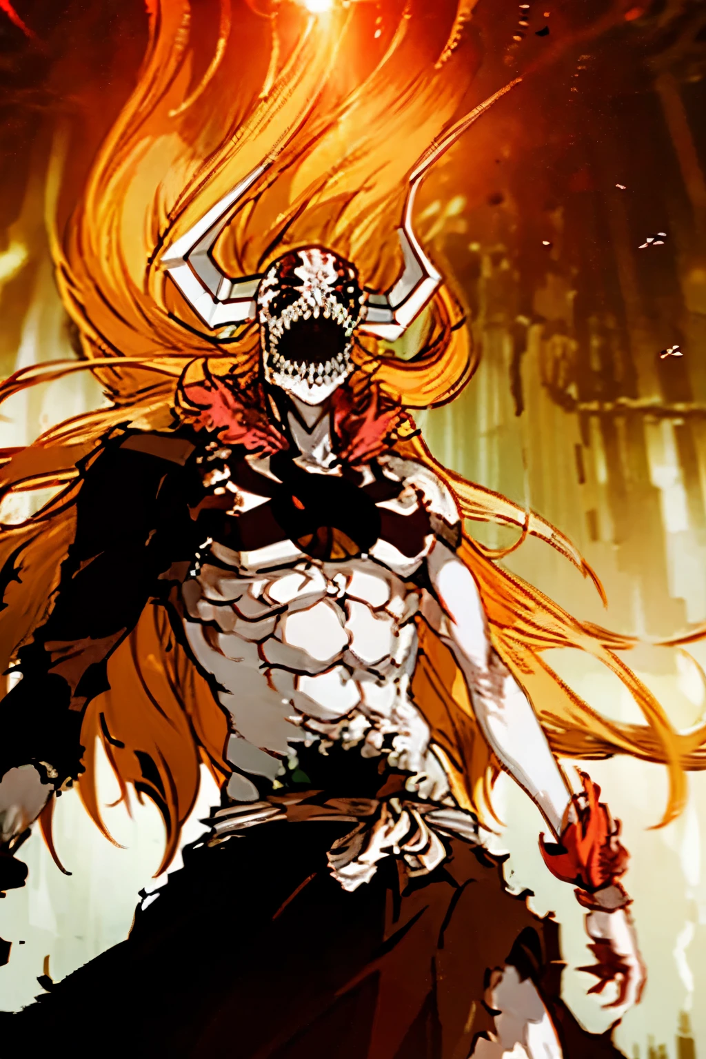 Ichigo Vasto Lorde, monstrous, long orange hair, standing upright staring towards the camera, radiating demonic power, monstrous, destructive, radiating a cool anger, sharp lines, detailed, rigid