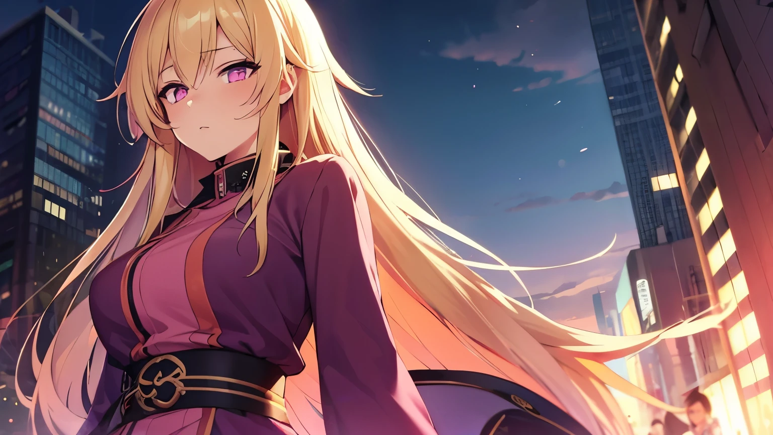 　1 Girl, Blonde, Pink Eyes, Very long hair, long sleeve, ((masterpiece)), (highest quality), eve,  (whole body), City of night，Overall details, Playing the koto