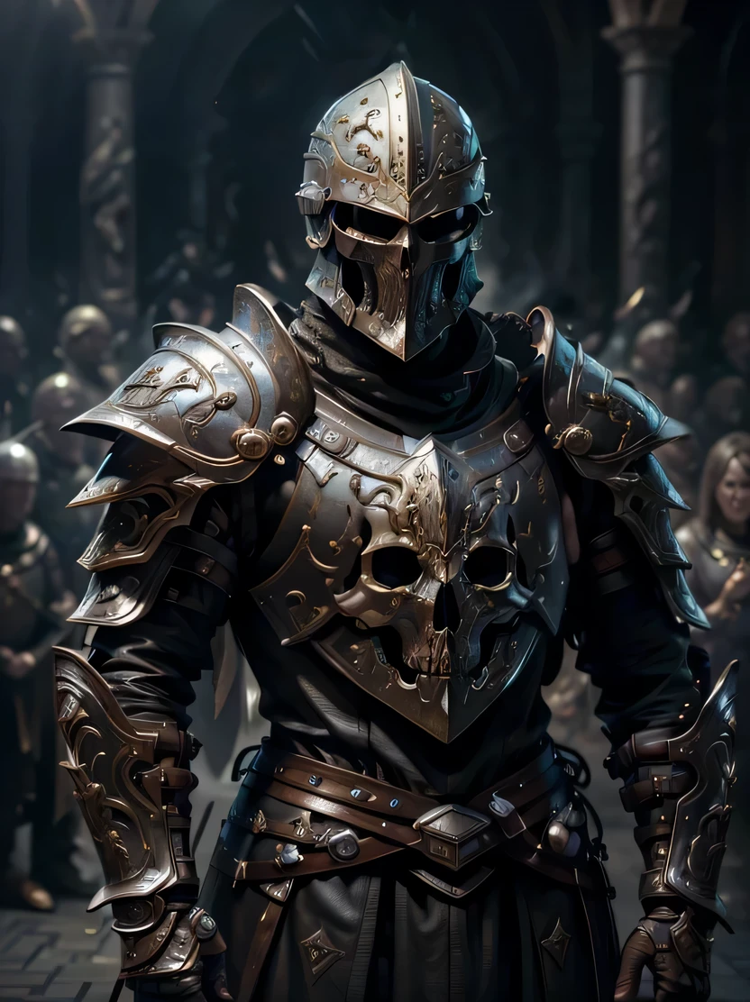 ((masterpiece、highest quality、Genuine、Very detailed、High resolution、Sharp focus、Photorealistic、Cinematic lighting))、Cowboy Shot、((One man、Skinhead))、Roman armour of the Middle Ages、worn armor、Full-face helmet、Skull-shaped helmet、Warriors、middle ages、Dynamic Action、Combat Stance、Detailed hand drawing、medieval armor、skull