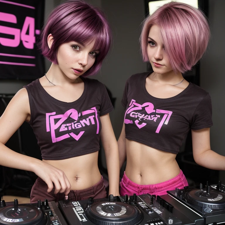 cute woman,short bob hair,Magenta color highlights the hair color.,Chest 45 inches,small t-shirt,brown tight shorts,Be a DJ,playing dj player,Among people,light color,Very innovative,Highly detailed
