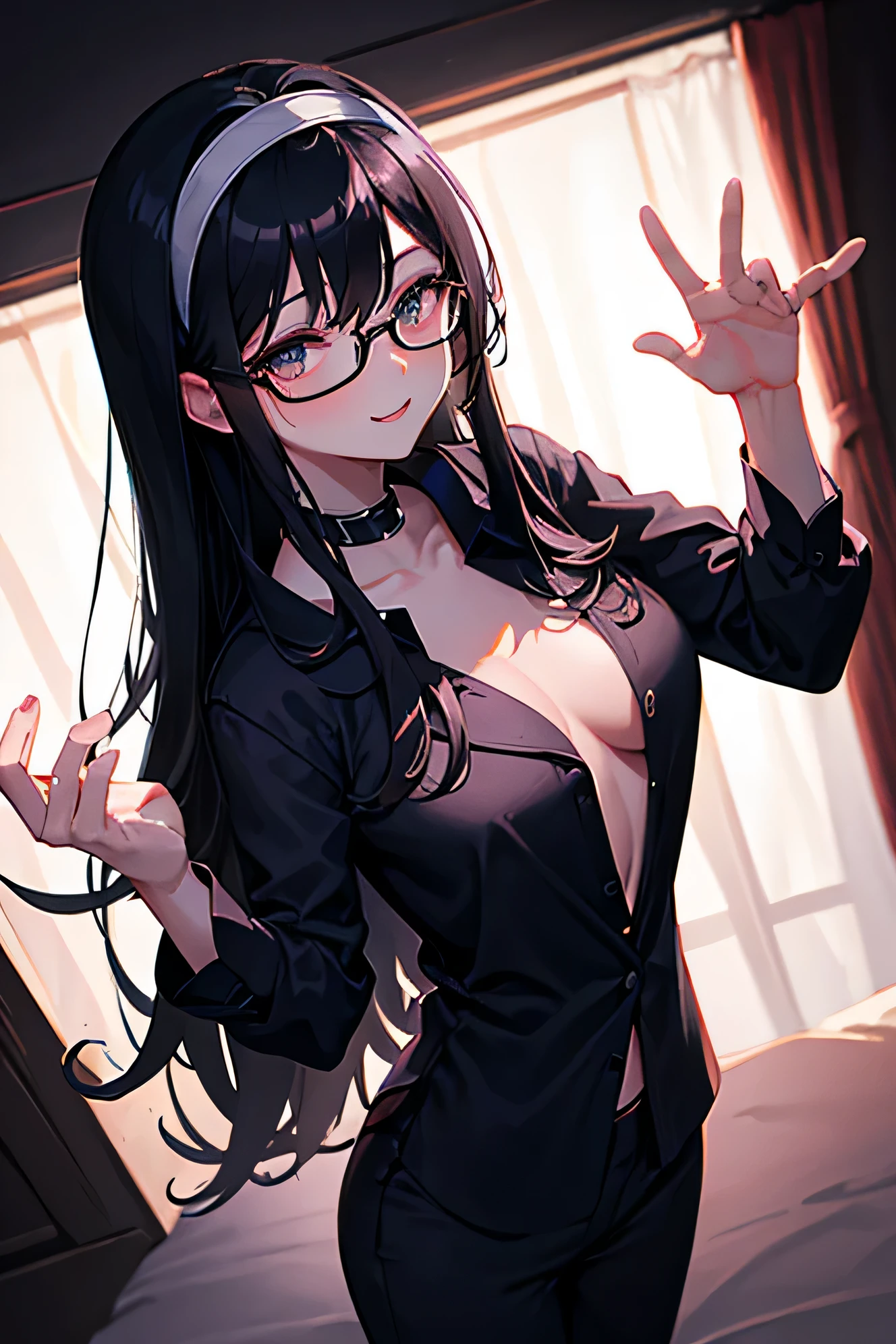 night、In a dark room。A woman with glasses and long straight black hair wearing a white hairband、Smiling seductively、Glamour Woman、Dressed in pajamas、Standing and arms outstretched。Anime Art