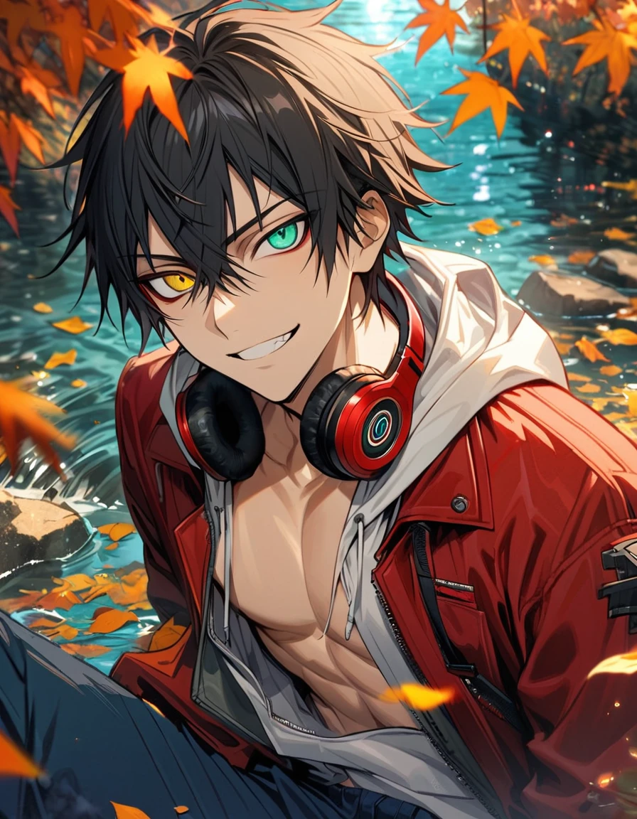 Ultra detailed, Highres, absurdres, Yamada Ichiro, black hair, heterochromia, right green eye, left red eye, red jacket, white hoodie, Hypnosis Mic, red headphones around his neck, autumn, petals, orange and yellow leaves, water, handsome, grin, sexy man, toned chest, solo, very detailed eyes and face, blue pants,