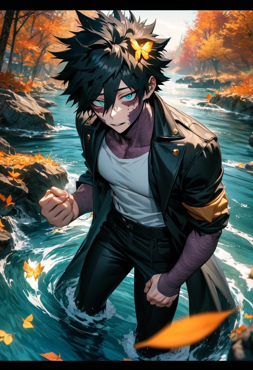 absurdres, highres, ultra detailed, HDR, master piece, best quality, extremely detailed face and eyes, Dabi, black hair spiked around his head, hair between the eyes, expressive turquoise eyes, My Hero Academia, solo, sexy man, handsome, black coat, white shirt, black pants, water, autumn, orange leaves, golden butterflies 