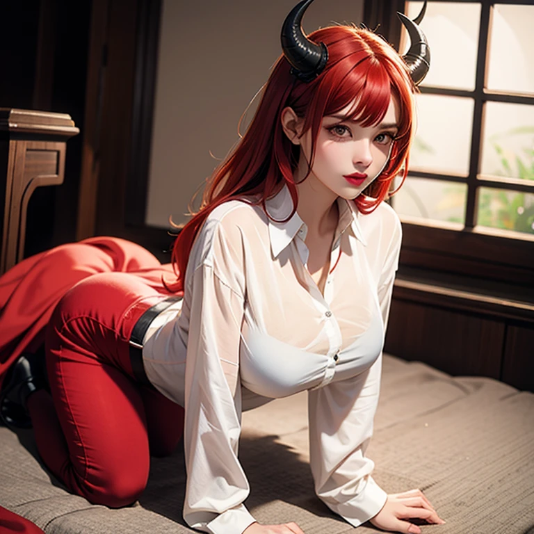 Highly detailed, erotic seductive female with horns, tight shirt, (busty,  are so big that shirt keeps popping, red hair), face centered, focused face, intricate eyes, solo demon girl, full body, palace setting infernal, highlight the demon girl, queen of hell