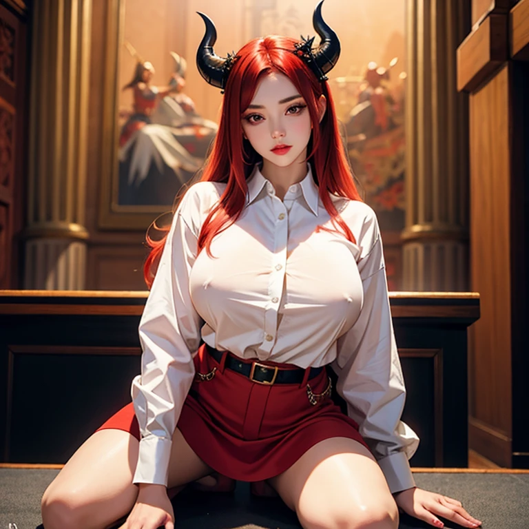 Highly detailed, erotic seductive female with horns, tight shirt, (busty,  are so big that shirt keeps popping, red hair), face centered, focused face, intricate eyes, solo demon girl, full body, palace setting infernal, highlight the demon girl, queen of hell