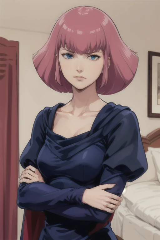 masterpiece, high quality, alone, look down, Low angle shot of Haman_Khan,1 Female, Shyness, Pink Hair, short hair, Side Lock, bangs, Eyebrow, blue eyes,
clavicle, Cape,Black Dress, Puff sleeves, Long sleeve, Juliet Sleeve,
Upper Body, Are standing, (Arms crossed:1.2), Stylish pose, Detailed Background, Luxury hotel room 