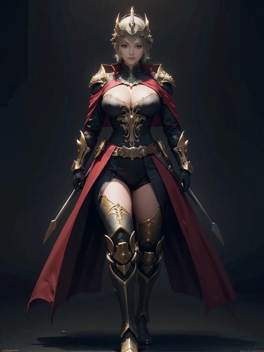 ((1 Full body single woman)) ,(Shooting from front and middle), looking at the camera, centered image, tmasterpiece，A high resolution, Absolutely beautiful, perfect shaped body of woman, facing camera, Tall and tall，(big breast : 1.5), white short hair with updo, (full coverage black armor, Royalty Ornate decorated armor and pants, Exquisite details of the armor and pants, warrior, gloves, closed helm, show armor iron boots, pauldrons with capes, allure：young adult,（Tall：1.5），Rich scene detail，In the midst of the war，standing.